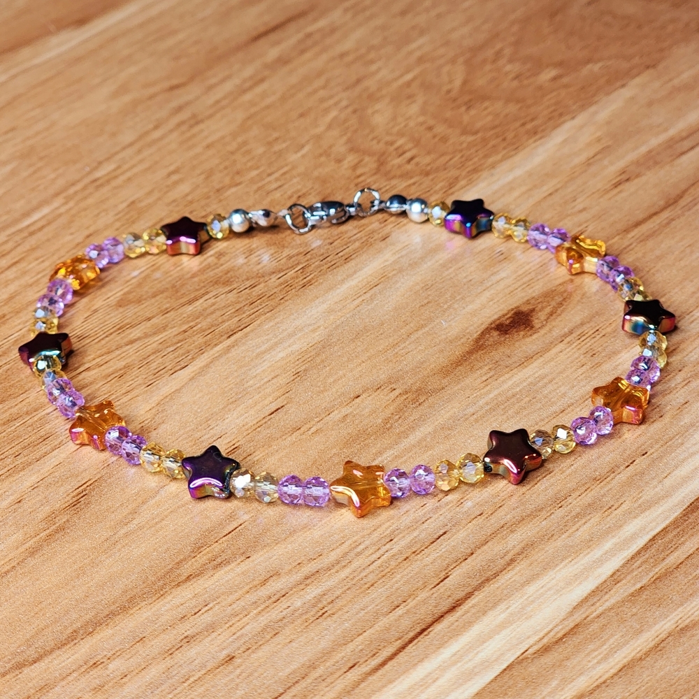 Purple Gold Stars & Crystals Ankle Bracelet Handmade Anklet